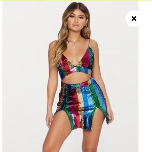 Pretty Little Thing Multi Strappy Plunge Extreme Split Sequin Bodycon Dress